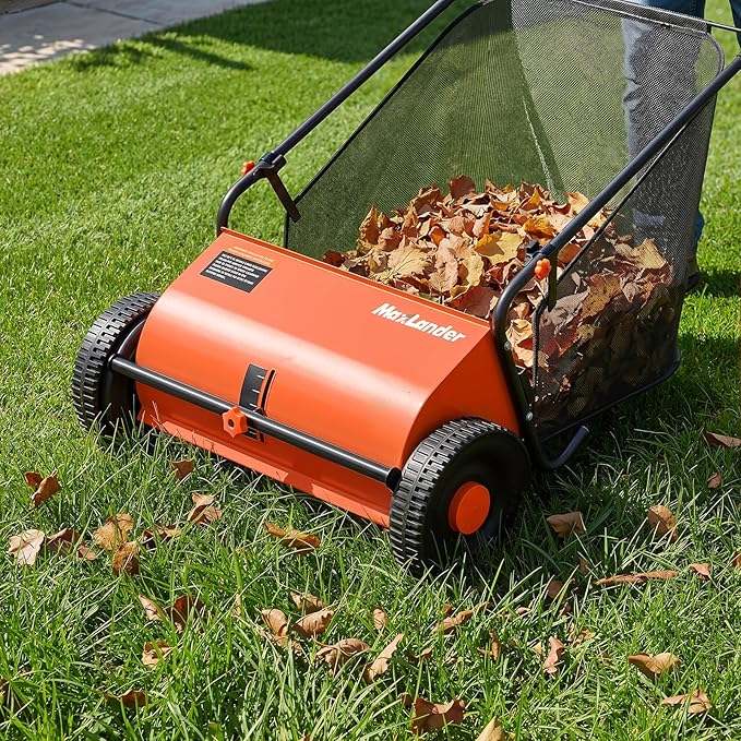 26-Inch Push Lawn Sweeper with 7 Cu.Ft. Hopper Bag, Adjustable Brush Height & 4 Spinning Brushes, Heavy Duty Leaf & Grass Collector with Durable Rubber Wheels for Yard Cleanup