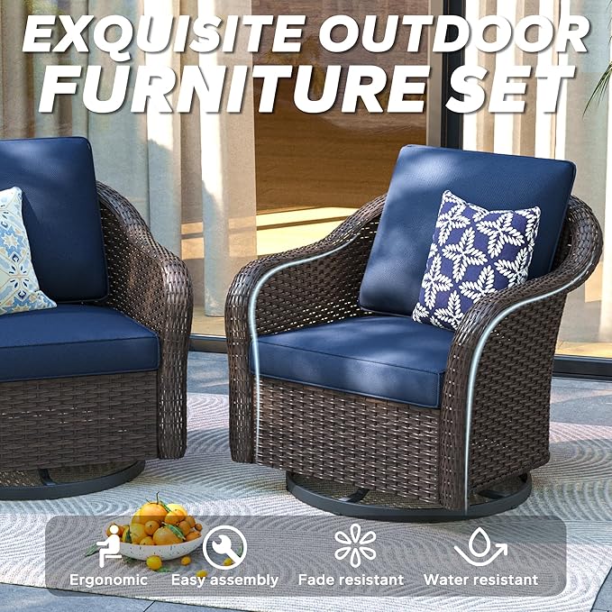 Outdoor Swivel Chairs Set with Ottomans, 4 PCS Patio Conversation Furniture Set with Removable Cushions, All-Weather Wicker Furniture for Porch, Backyard, Deck, Sunroom (Navy Blue)