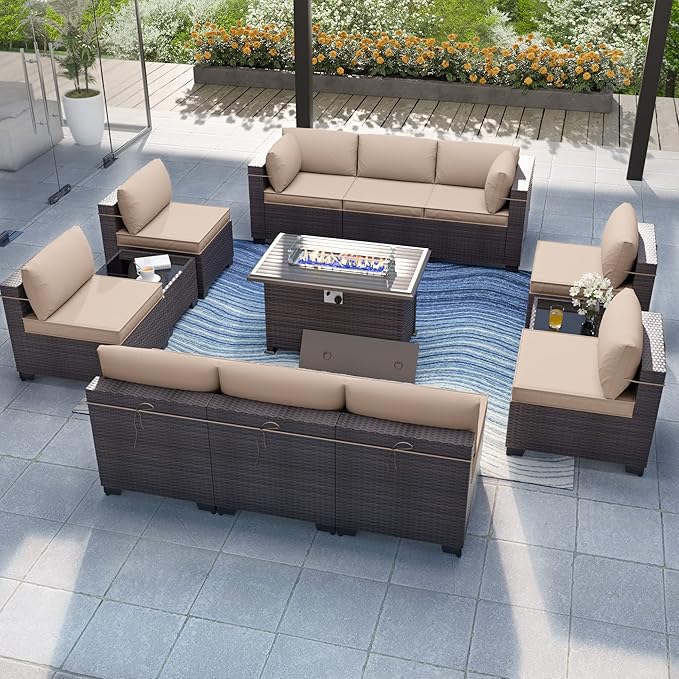 Kurapika 13 Pieces Patio Furniture Set, Rattan Wicker Outdoor Conversation Sets w/43in Propane Fire Pit Table and 4 Inch Cushion(Sand)