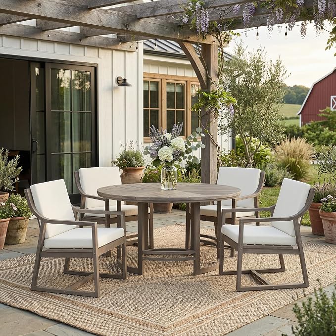 WILLIAMSPACE 59.1" Round Acacia Wood Outdoor Patio Table with Umbrella Hole, Brown