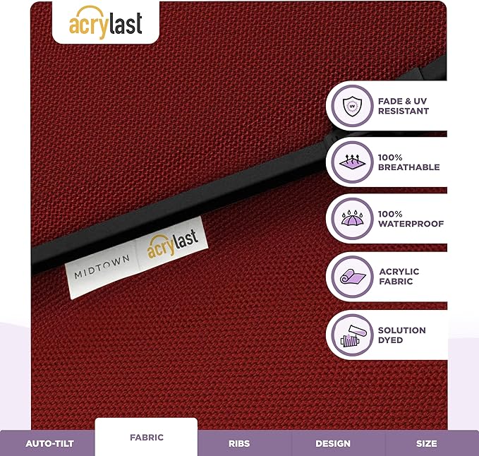 Midtown Umbrellas – The Lean 8 Ft Patio Umbrella with 10-Year-No-Fade Acrylast Acrylic Fabric, Auto-Tilt and 8 Reinforced Ribs for Deck, Pool, Garden, Hotel & Cafes – Regatta Red Canopy, Black Pole