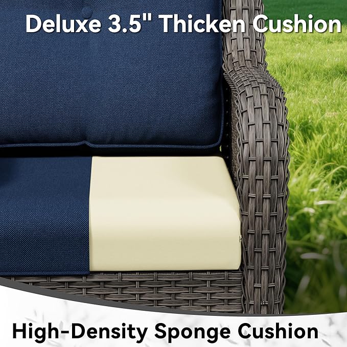 Patio Rocking Chairs Set of 2, Outdoor Wicker Patio Furniture Set 2 Pieces with Thickened Olefin Cushions, High Back and Deep Seating, Hand-Woven PE Rattan for Porch, Deck, Blue