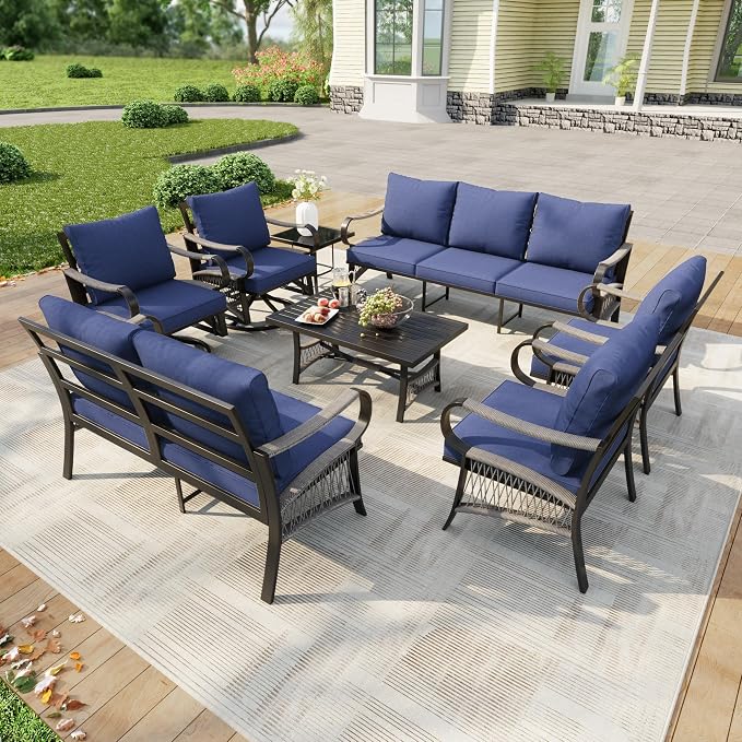 8 Pieces Patio Furniture Set, Metal Outdoor Conversation Sets with Swivel Chairs, Modern Couch Sofa Seating Group with Coffee Table and Side Table (Thick Blue Cushions)