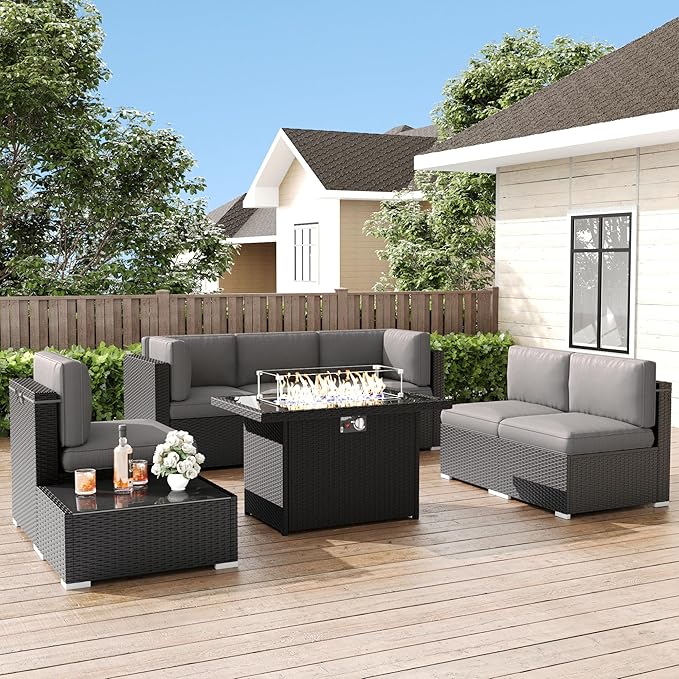 LayinSun 8 Pieces Patio Furniture Set with Fire Pit Table, Black Rattan Modular Sectional Patio Conversation Sofa Set