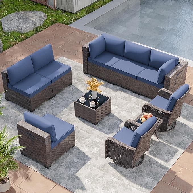 Patio Furniture Set 10 Pieces Wide PE Rattan Sofa Set Outdoor Sectional Furniture,Patio Swivel Chair Sofa Set Patio Conversation Set w/Cushions and Glass Coffee Table,NavyBlue