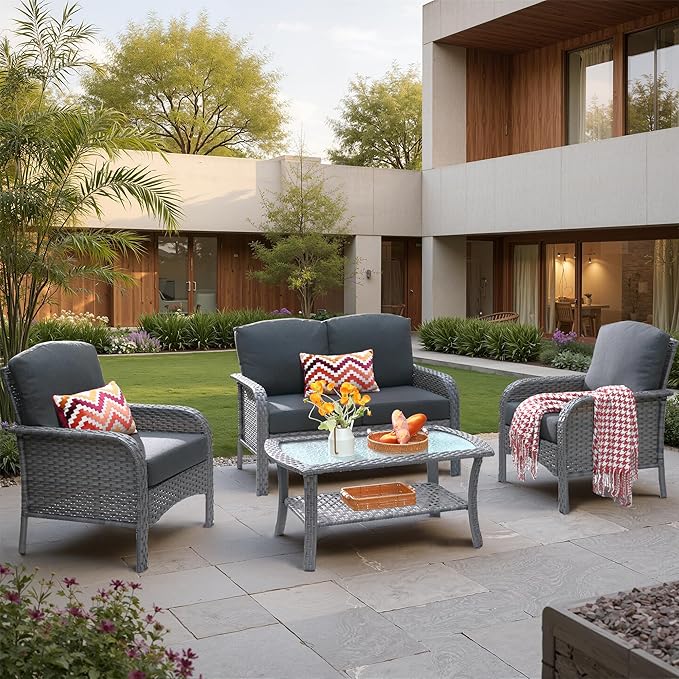 4 PCS Outdoor Patio Furniture Set with Glass Table, All-Weather Rattan Wicker Outdoor Conversation Set with Thickened Cushions for Balcony Backyard Garden Lawn,Black