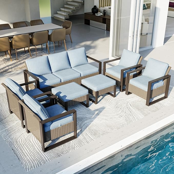Outdoor Patio Furniture Set, 7 Piece Wicker Patio Conversation with Deep Seating, Thicken Cushions, Outdoor Club Chair, Metal Outdoor Furniture for Deck, Porch, Yard Use (Azure, 7 PCS/Chairs)