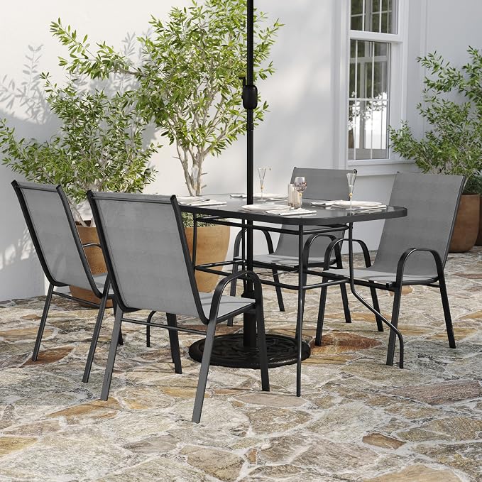Merrick Lane Bardwell 5 Piece Outdoor Dining Table Set for 4 with Glass-Top Patio Table and 4 Stack Chairs with Flex Comfort Material in Gray