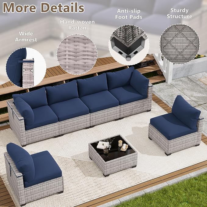 LOUVIXA 7 Piece Outdoor Patio Furniture Set, Outdoor Sectional Sofa, Wicker Rattan Patio Furniture, Patio Conversation Set with Coffee Table & Cushions