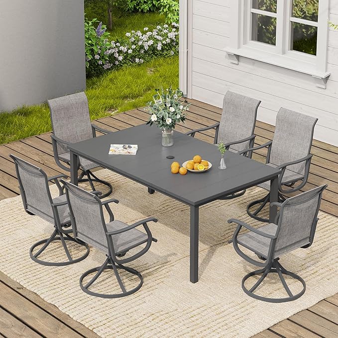 VICLLAX 7 Pieces Patio Dining Set, Patio Furniture Set of 6 Patio Swivel Dining Chairs and Rectangular Patio Table, Grey Chairs & Dark Grey Tabletop