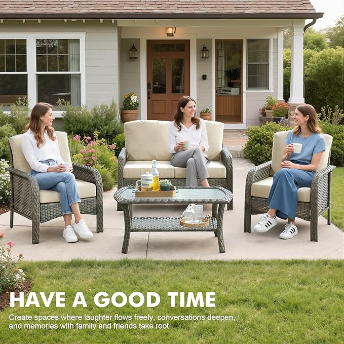 Weaxty Wicker Patio Furniture Set High Back Loveseat Sofa Couch Armchair Coffee Table, All Weather Rattan 4 Pieces Outdoor Conversation Sets for Patio Porch Deck Backyard Poolside, Beige
