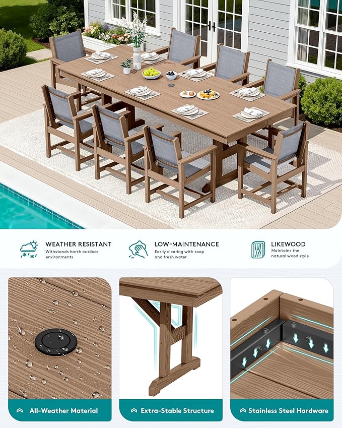 SERWALL Outdoor Dining Chairs Set of 2, All-Weather HDPE Textilene Sling Dining Chair for Backyard, Garden, Brown
