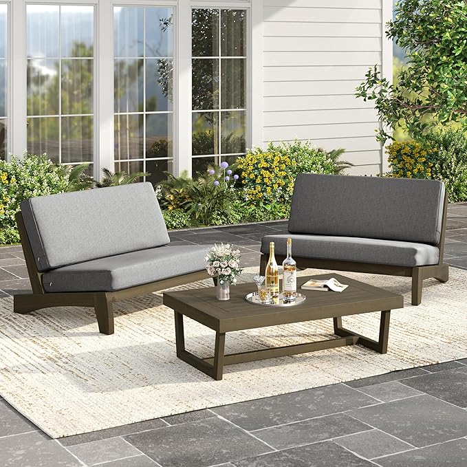 UIXE Wood Patio Furniture Sets, 3 Pieces All Weather Patio Loveseat Sofa Outdoor Sectional Futniture Backyard Conversation Set with Solid Wooden Coffee Table - Light Gray