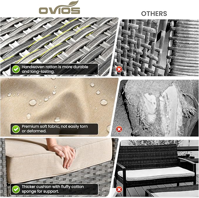 ovios Patio Furniture Set, 8 Pieces Outdoor Wicker Sofa Couch with Chairs, Ottomans and Comfy Cushions, All Weather High Back Rattan Conversation Set, Beige