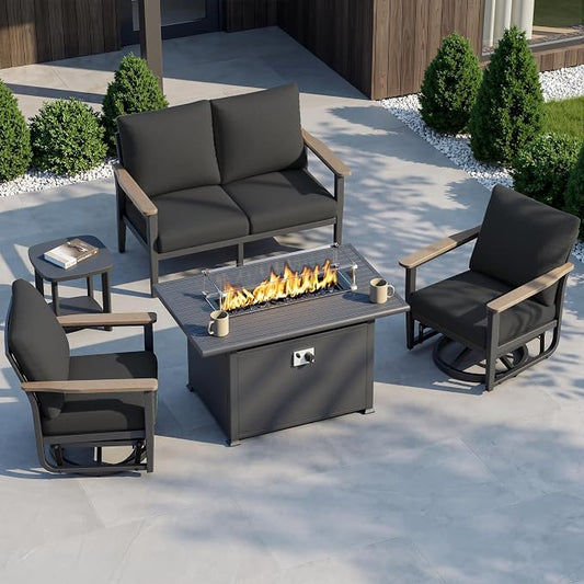 Aluminum Outdoor Patio Furniture Set with Swivel Rocking Chairs 9-Seat, Patio Sectional Sofa Patio Conversation Set with 55,000 BTU Fire Pit Table High Backrest & Thickened Cushions, Dark Grey