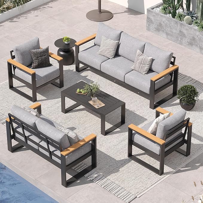 Sundale Outdoor Aluminum Patio Furniture Set, 5 Piece Outdoor Conversation Sets with Coffee Table and 6" Thick Olefin Cushions, All Weather Outdoor Sectional Set for Deck, Lawn, Yard (Grey)