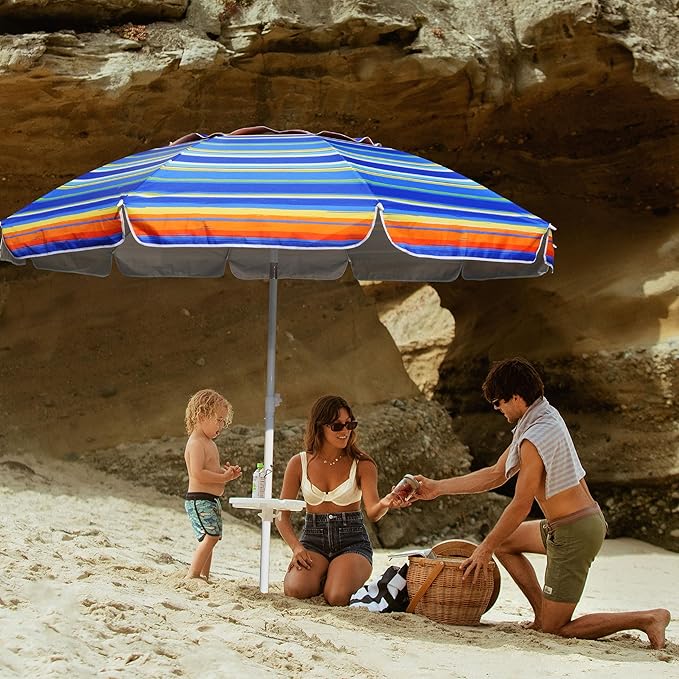 AMMSUN 8 Feet Large Beach Umbrella with Sand Anchor Heavy Duty High Wind Portable Outdoor Umbrellas UV 50+ Protection Air Vent Tilt Patio Garden Pool