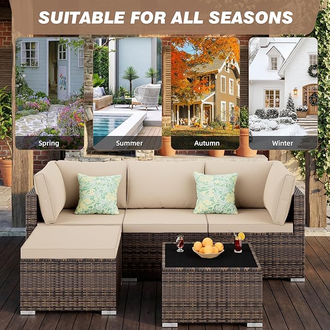 5 Piece Patio Furniture Sets, All-Weather PE Rattan Wicker Outdoor Sectional Sofa with Cushions and Glass Table for Garden Backyard Poolside