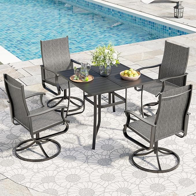 UDPATIO 5 Piece Outdoor Patio Table and Chairs Set with 37" Square Table & 4 Outdoor Swivel Rocker Chairs, Patio Table with Chairs, Patio Dining Set Outdoor Dining Sets for Lawn, Deck, Yard, Deck
