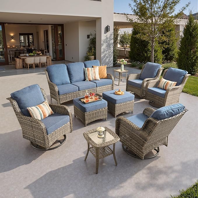 ovios 9-Piece Patio Furniture Set with Swivel Chairs Coffee Table, Outdoor Wicker Sofa with Comfy Cushions, High Back Couch Modern Conversation Sets, Grey/Denim Blue