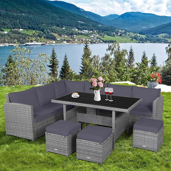 RELAX4LIFE 7 PCS Wicker Patio Furniture Set, Outdoor Rattan Sofa Set with Dining Table & Ottomans Soft Cushions for Backyard Garden Poolside Balcony, Sectional Conversation Couch Set (Gray)