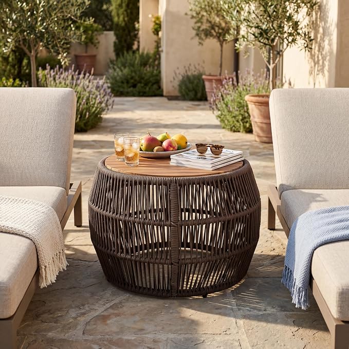 Round Acacia Wood Side Table with Light Grey Rope Frame, Teak Finish Top, 150 lbs Capacity, No Assembly Required, Weather-Resistant Accent Table for Patio Backyard Living Room