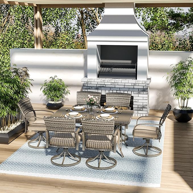 Pamapic 7-Piece Outdoor Dining Set with Swivel Rocker Chairs, Wicker Patio Furniture for 6, Poolside Garden Deck with Iron Table & Removable Cushions(Beige)