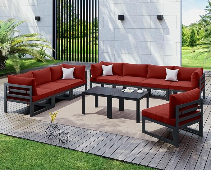 NICESOUL 8 Person Modern Aluminum Patio Furniture Set, 500 lbs Heavy Duty Sturdy Outdoor Sectional Sofa, 29" Deep Wide Large Seating, L Shaped Modular Conversation Couch for Garden Backyard, Burgundy