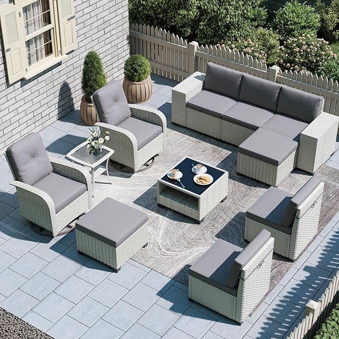 11-Piece Outdoor Patio Furniture Set, Modular Sectional Sofa Set with Swivel Rocker Chairs & Ottomans, Wicker Outdoor Couch Conversation Sets w/Coffee Table and Cushions, Gray