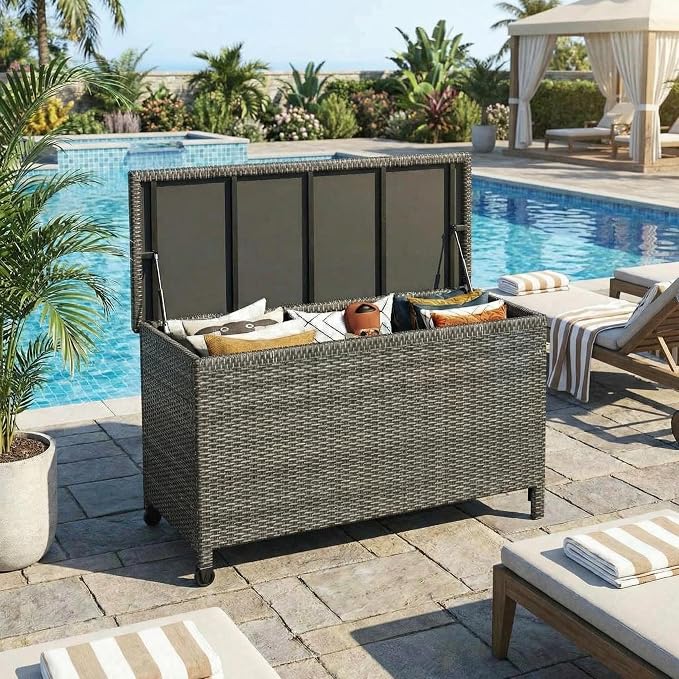 185 Gallon Wicker Deck Box, All-Weather Outdoor Storage Bin with Rattan Finish, for Patio Furniture, Cushions, Pool Supplies & Garden Tools (Gray)