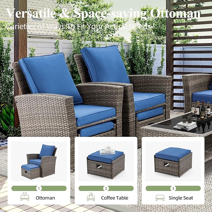 HOMREST 6 Piece Patio Conversation Set, Outdoor Sectional Conversation Rattan Sofa Set with Ottoman and Outdoor Storage Table for Garden, Porch, Backyard (Marine Blue)