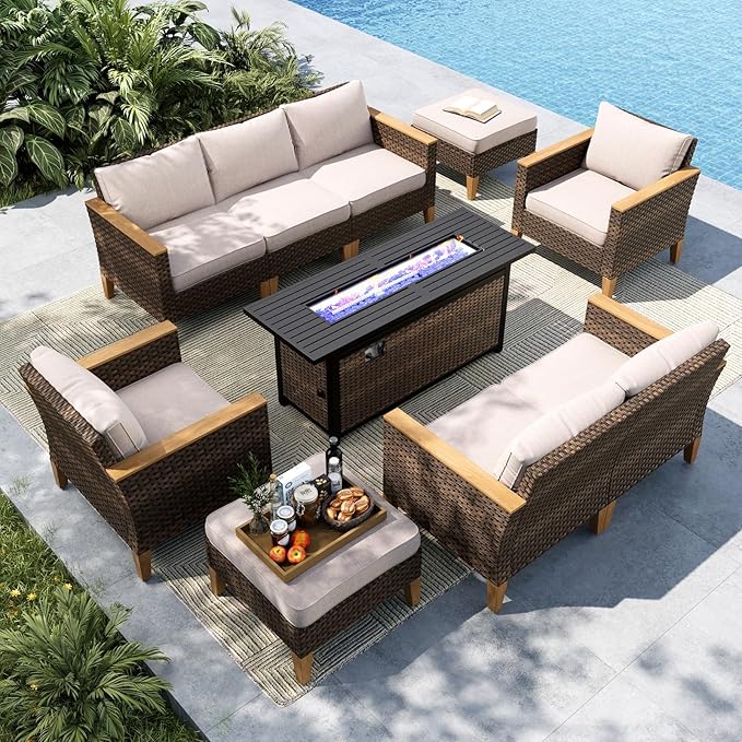 MFSTUDIO 9 Piece Wicker Patio Furniture Set with 56" Fire Pit Table, All-Weather PE Rattan Patio Sectional Sofa Conversation Set with 50000 BTU CSA Approved Fire Pit Table & Beige Cushion