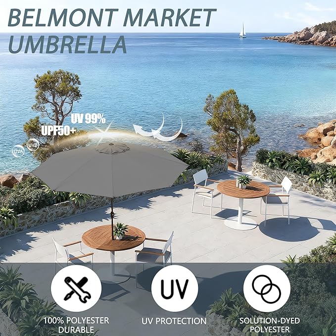 9FT Large Outdoor Patio Umbrella Pool Market Umbrella-UV Resistant, Easy Push Button Tilt and Crank, 8 Sturdy Ribs Heavy-Duty Table Umbrella for Deck, Backyard, Garden(Grey)