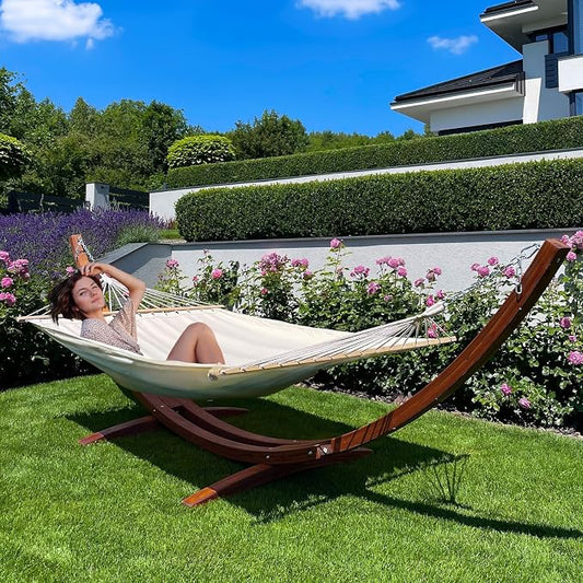 ECOTOUGE 13 FT Wooden Hammock with Stand, Outdoor Double Hammock with Wood Stand 2 Person Heavy Duty Hammock and Stand for Outside Backyard, Balcony, Porch, Patio, Garden, 550 lbs Capacity, White