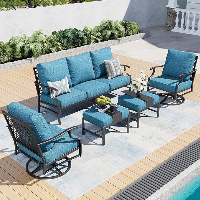 5 Piece Metal Outdoor Patio Furniture Set, Patio Conversation Sets 3-seater Sofa, 2 Swivel Chairs, 2 Ottomans with 5.75" Thick Cushion, Black All-weather Backyard Furniture Set, Blue-2