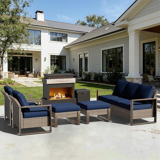 6 Pieces Metal Wicker Patio Furniture Set - 75" Sofa, Two Armchairs and Two Ottomans, One Fireplace All Weather Rattan Outdoor Conversation Furniture with Washable Cushion for Deck Porch, Dark Blue