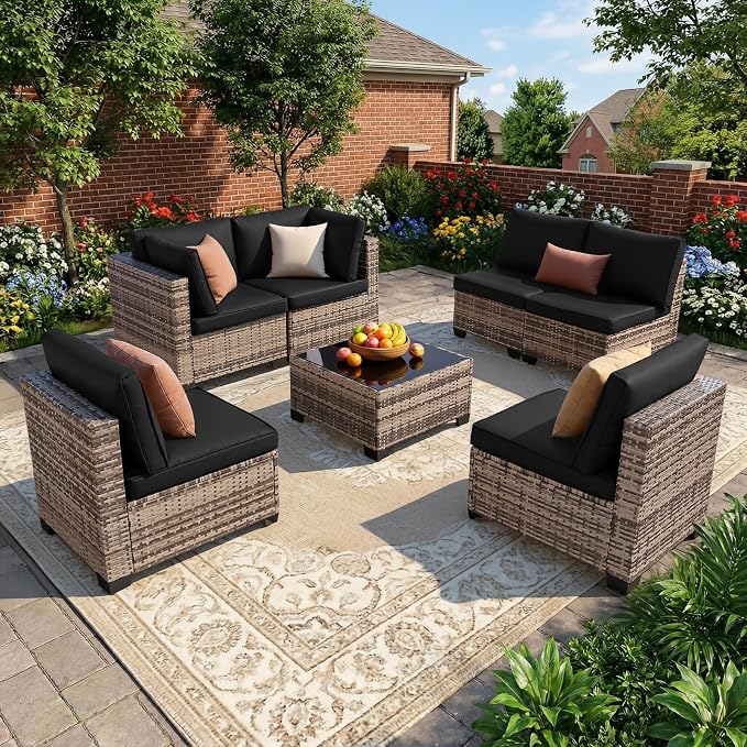 FHFO 14 Piece Outdoor Wicker Patio Furniture Set, Yellow/Black | Sectional Sofa | All-Weather Hand-Woven Rattan | Tempered Glass Coffee Table | Free Combination | Indoor & Outdoor Use