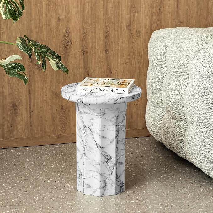 Glitzhome Indoor Outdoor Side Table 21" H, Modern MGO Faux Marble Side Table Round End Table, Decorative Accent Stool for Garden Outdoor Patio Living Room Bedroom Home Decor