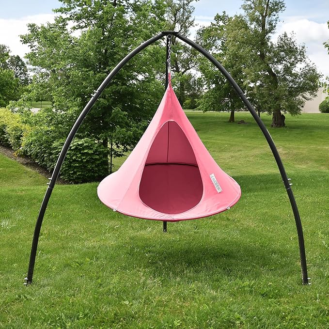 Single Cacoon Hanging Chair – Cozy Indoor/Outdoor Hammock with Polyester Canvas, 440 lb Capacity, Includes 18ft Rope & Carabiner (Coral Rose)