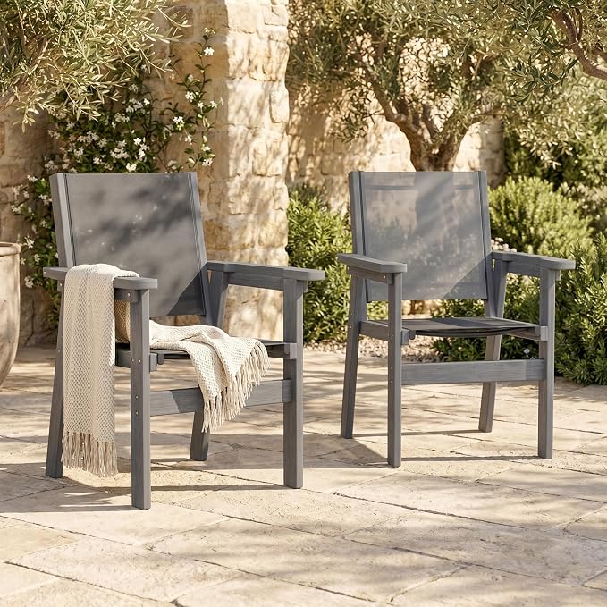 HDPE Outdoor Dining Chairs Set of 2 | Textilene Weather Resistant Patio Stackable Chairs for Garden, Backyard, Lawn and Poolside, Grey
