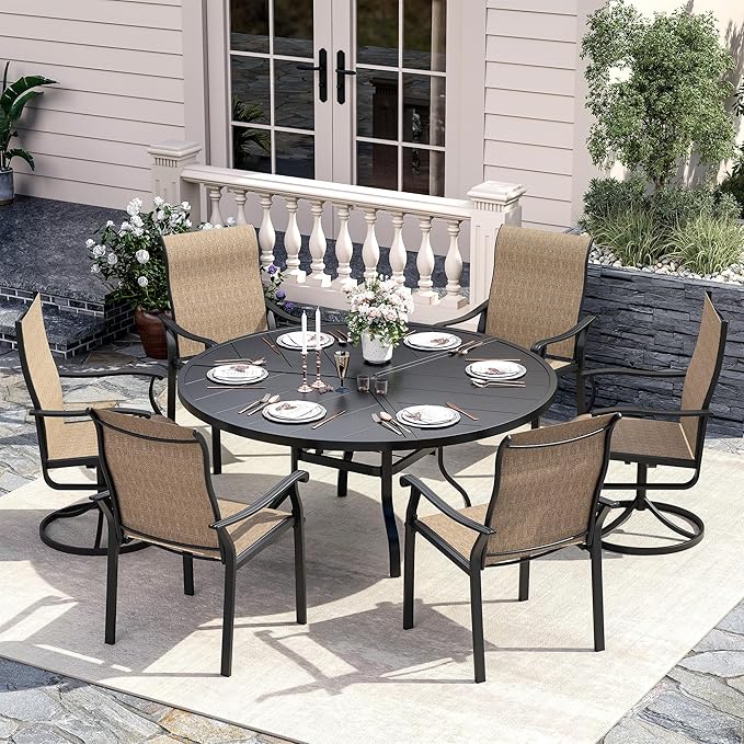 UDPATIO 7 Piece Patio Dining Set for 6, Patio Outdoor Table and Chairs, 51" Black Round Table with Umbrella Hole, Brown Patio Chairs, Patio Table with Chairs, Outdoor Dining Set for Lawn, Backyard