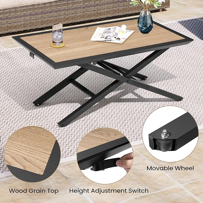 7PCS Patio Furniture Set, Oversized Outdoor Sectional Furniture with Metal Frame, 6-Seats Conversation Set with Height Adjustable Coffee Table for Outdoor