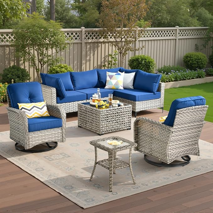 8 Pieces Patio Sectional Furniture Set, Outdoor Wicker Sectional Couch with High Back Swivel Rocker Chairs Solar Lights Table, Modern Conversation Set for Porch Balcony Backyard, Navy Blue