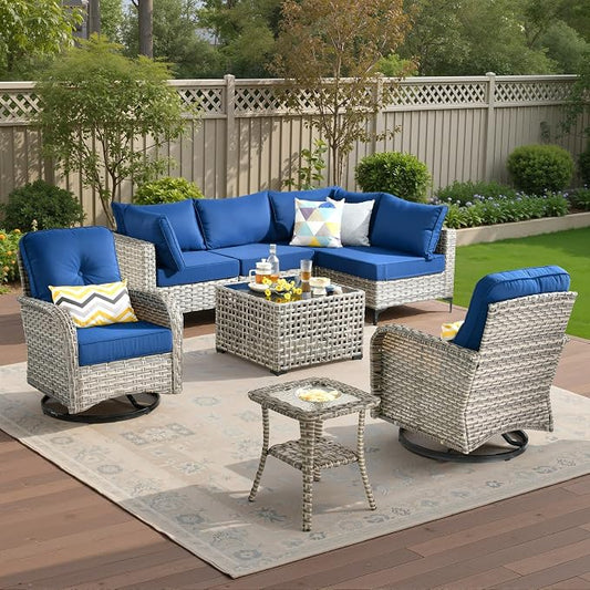 8 Pieces Patio Sectional Furniture Set, Outdoor Wicker Sectional Couch with High Back Swivel Rocker Chairs Solar Lights Table, Modern Conversation Set for Porch Balcony Backyard, Navy Blue
