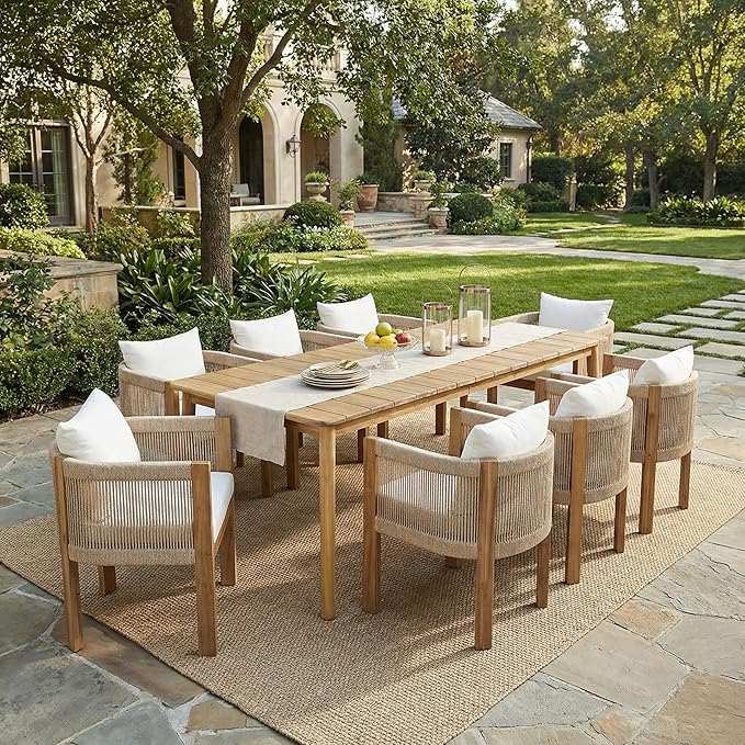 Christopher Knight Home Matera Acacia Wood Outdoor Dining Set for 8, 9 Piece Patio Dining Table and Chair Set, Wooden Outdoor Dining Armchair and Table Set with Removable Cushion, Light Teak+Beige