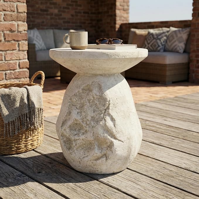 Clare Outdoor Patio MGO Side Table, Organic Pear-Shaped Accent End Table, Natural Beige Stone-Look Finish, Lightweight Sturdy Modern Side Stand for Patio Balcony Living Room Garden