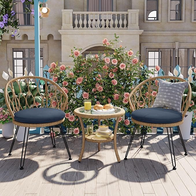 Montary 3 - Piece Outdoor Leisure Set,2 Stylish Hand - Woven Rattan Single Chairs & a Sturdy Tempered Glass Round Table - Ideal for Relaxing on Balconies and Courtyards,Natural & Blue
