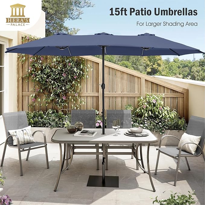 HERA'S PALACE Umbrella Patio Outdoor with Base 15ft Rectangle Table Double Market Umbrellas Clearance Large Heavy Duty Included Stand for Deck Outside Pool Picnic Inground Yard Commercial, Navy Blue