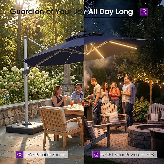 PURPLE LEAF Cantilever Umbrella with Base 13ft Outdoor Round Patio Solar Powered LED Umbrella with 360-degree Rotation for Garden Deck Pool Patio, Navy Blue