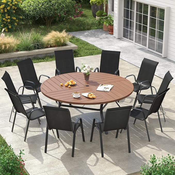 VICLLAX Round Outdoor Patio Dining Set for 10, Metal Slatted Patio Table with Umbrella Hole and 10 Stackable Patio Chairs for Deck Lawn Garden, Black Fabric and Walnut Tabletop